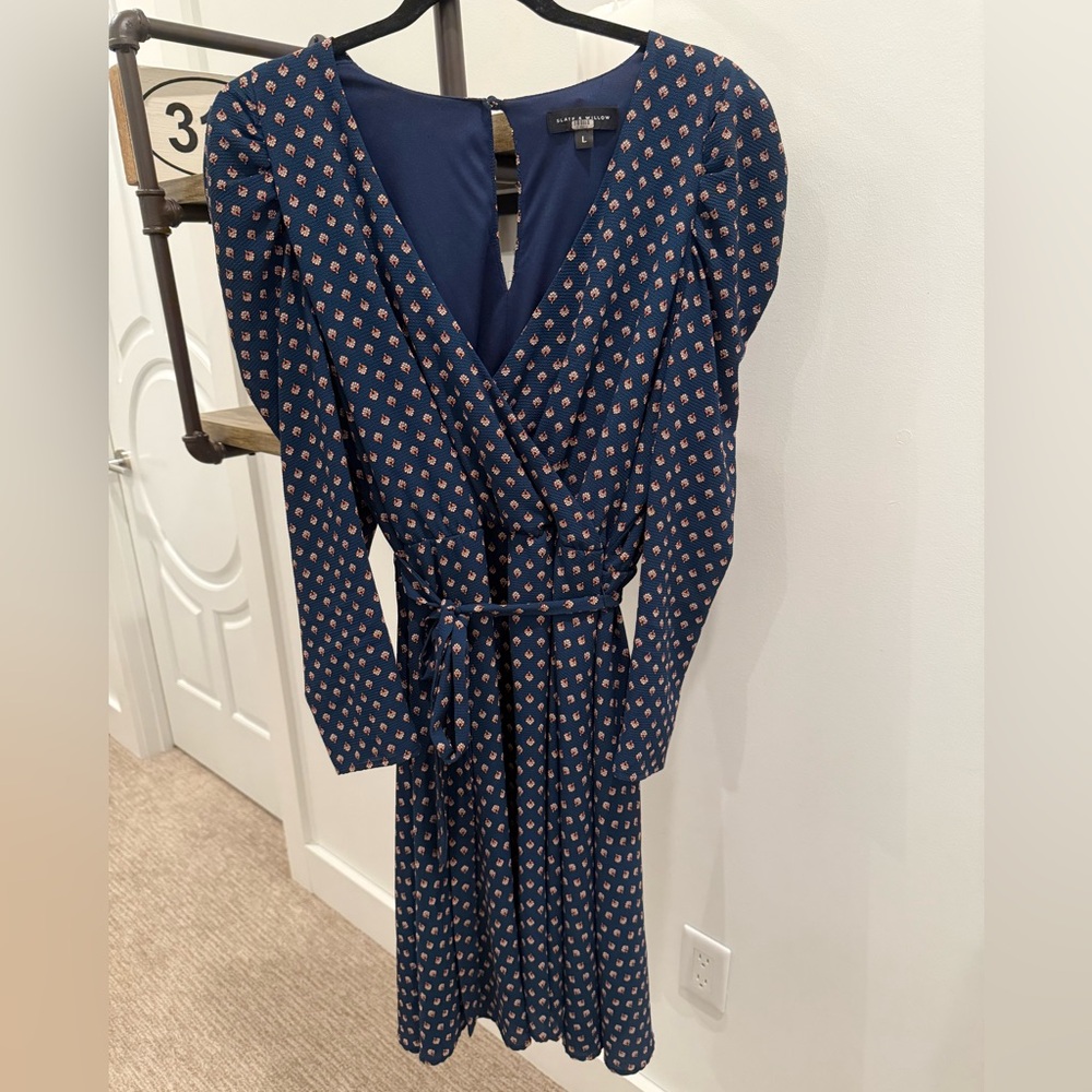 Slate & Willow Blue Wrap Dress with Puff Sleeves